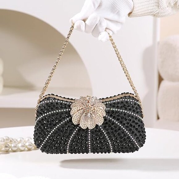 Neiman Marcus Rhinestone Black Floral Evening Clutch Handbag